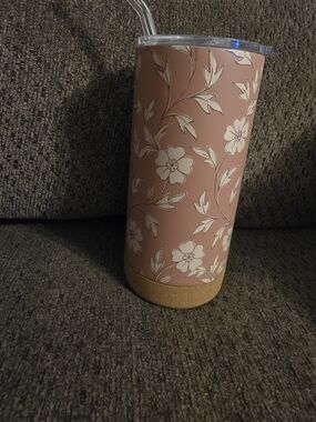 Insulated Pink Floral Travel Tumbler with Cork Base